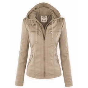 Women's Faux Leather Biker Jacket with Detachable Hood | Katharina in Brown - Juana Fashion