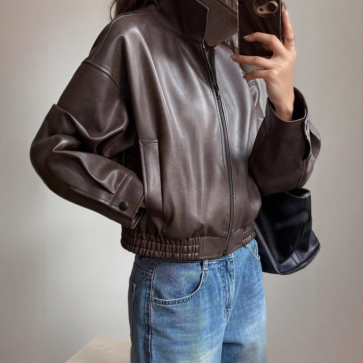 Women's Faux Leather Bomber Jacket | Amelie in Dark Brown - Juana Fashion