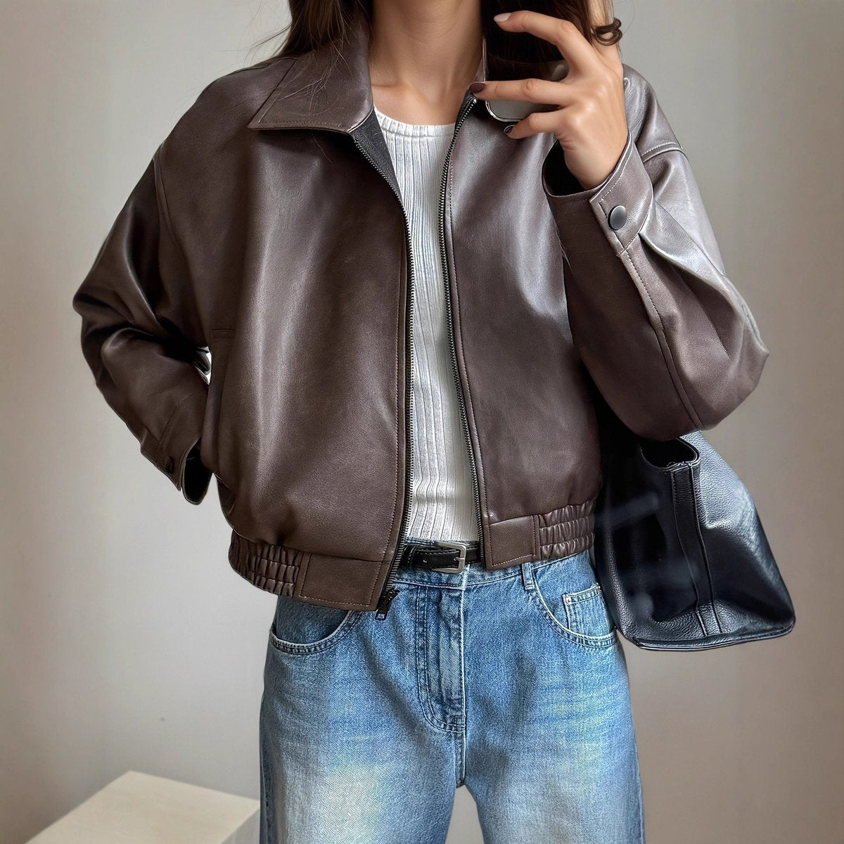 Women's Faux Leather Bomber Jacket | Amelie in Dark Brown - Juana Fashion