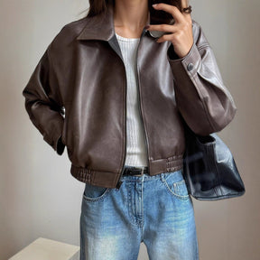 Women's Faux Leather Bomber Jacket | Amelie in Dark Brown - Juana Fashion