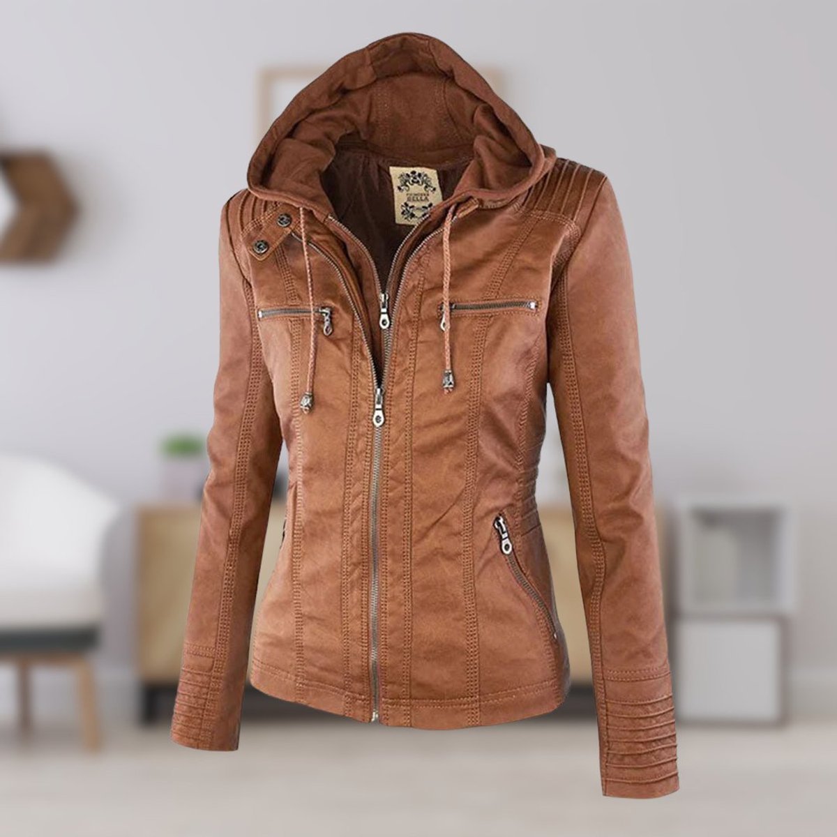 Women's Hooded Faux Leather Jacket | Annika in Khaki - Juana Fashion