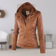 Women's Hooded Faux Leather Jacket | Annika in Khaki - Juana Fashion