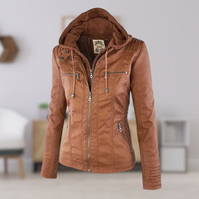 Women's Hooded Faux Leather Jacket | Annika in Khaki - Juana Fashion