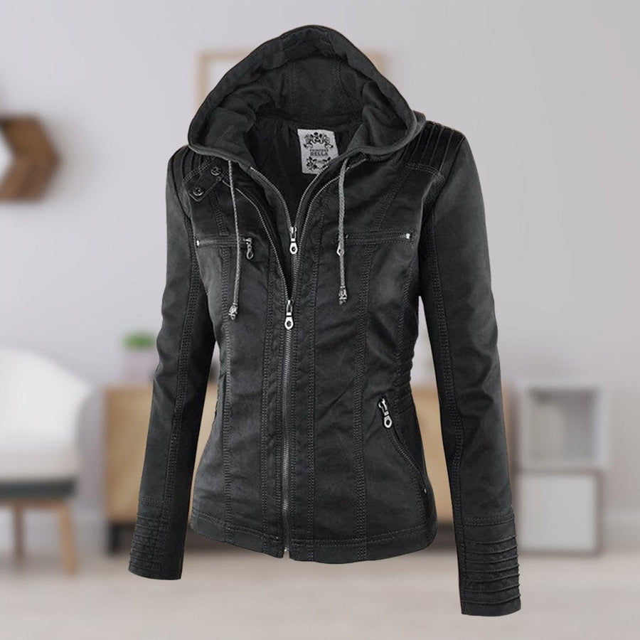 Women's Hooded Faux Leather Jacket | Annika in Khaki - Juana Fashion