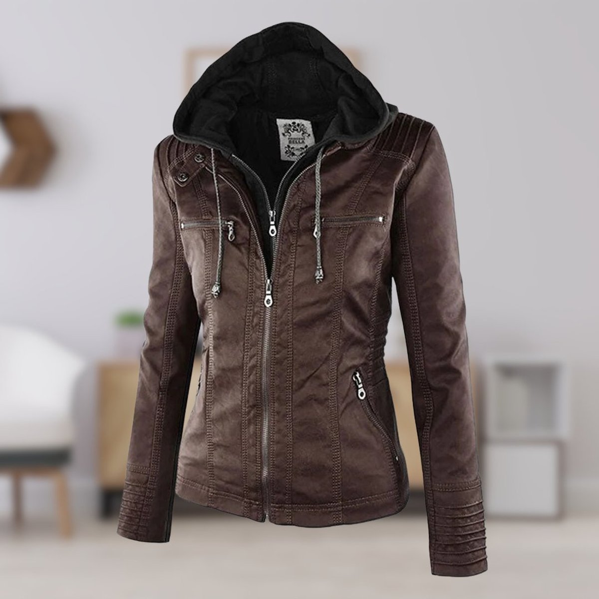 Women's Hooded Faux Leather Jacket | Annika in Khaki - Juana Fashion