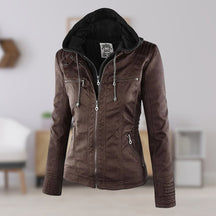 Women's Hooded Faux Leather Jacket | Annika in Khaki - Juana Fashion