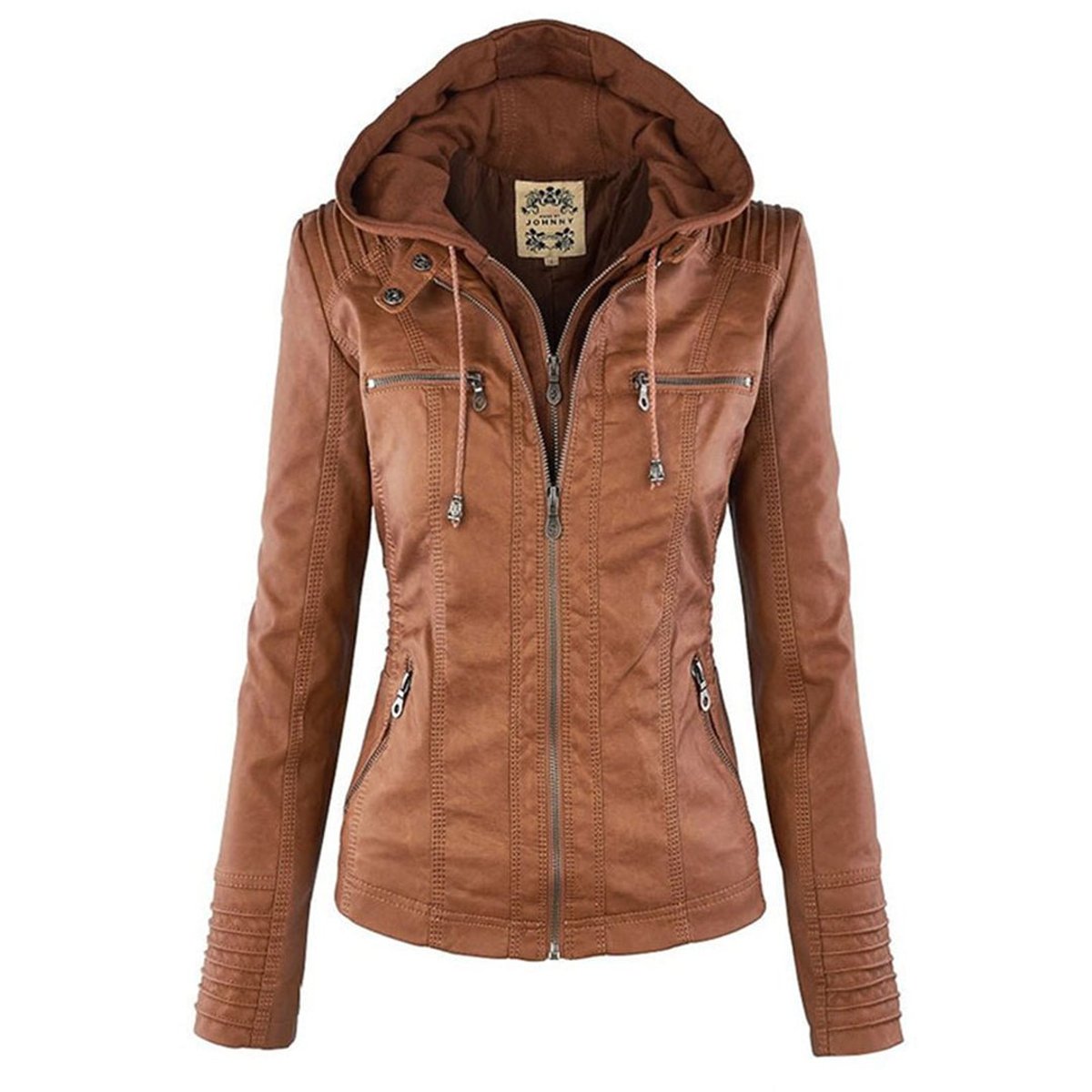 Women's Hooded Faux Leather Jacket | Annika in Khaki - Juana Fashion