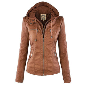 Women's Hooded Faux Leather Jacket | Annika in Khaki - Juana Fashion