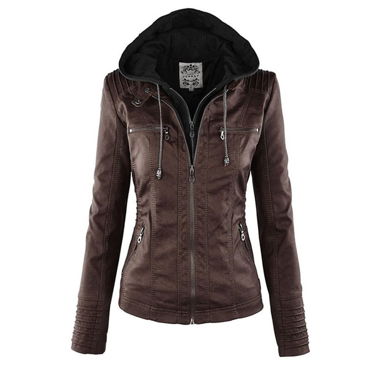 Women's Hooded Faux Leather Jacket | Annika in Khaki - Juana Fashion