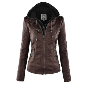 Women's Hooded Faux Leather Jacket | Annika in Khaki - Juana Fashion