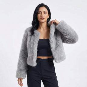Women's Cropped Faux Fur Cardigan Jacket | Lena in Gray - Juana Fashion