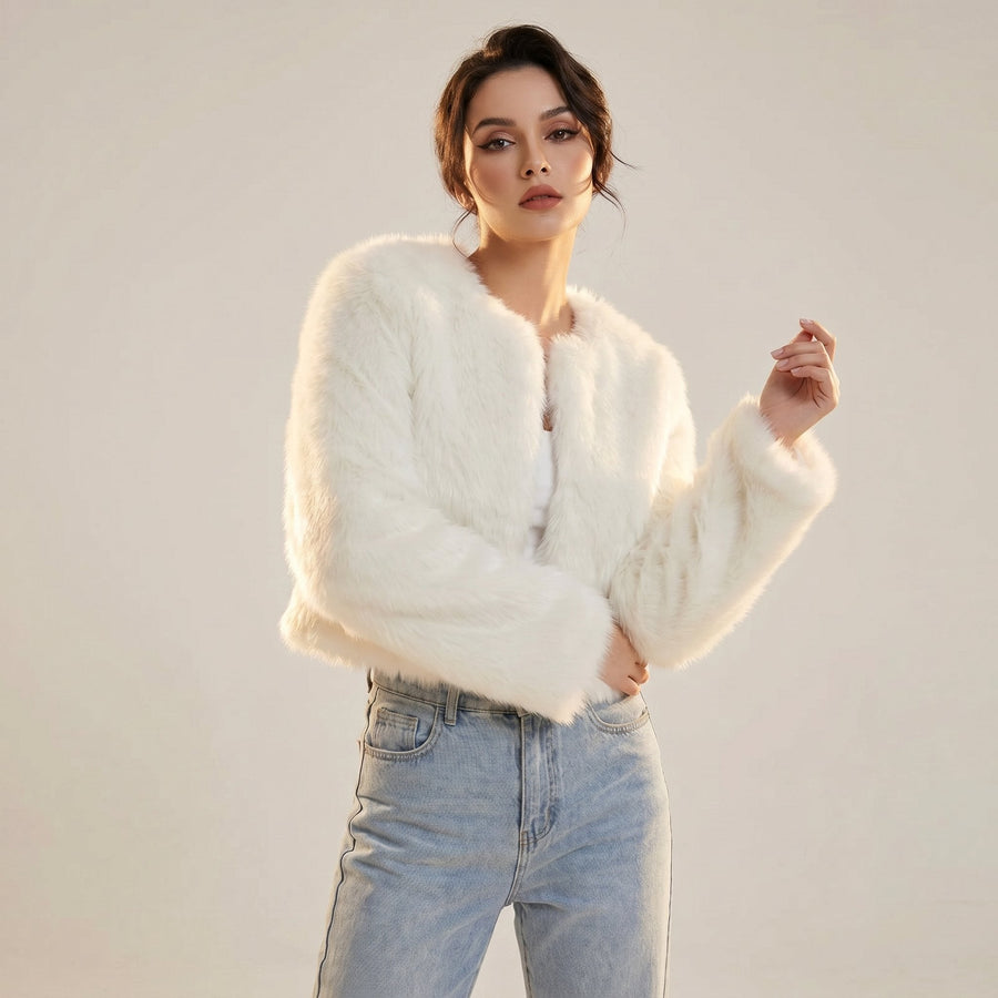 Women's Cropped Faux Fur Cardigan Jacket | Lena in Gray - Juana Fashion