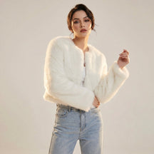 Women's Cropped Faux Fur Cardigan Jacket | Lena in Gray - Juana Fashion