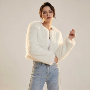 Women's Cropped Faux Fur Cardigan Jacket | Lena in Gray - Juana Fashion