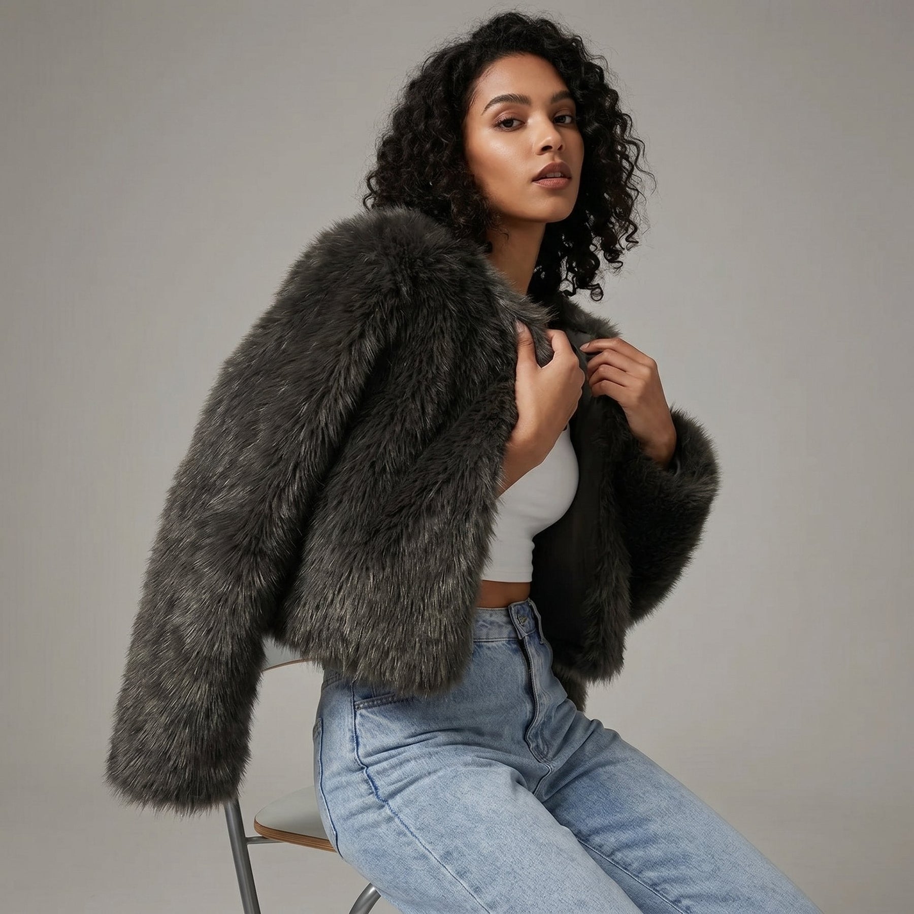 Women's Cropped Faux Fur Cardigan Jacket | Lena in Gray - Juana Fashion