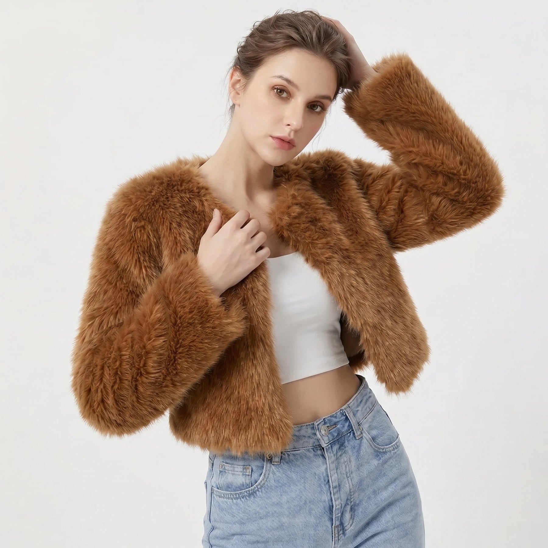 Women's Cropped Faux Fur Cardigan Jacket | Lena in Gray - Juana Fashion