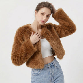 Women's Cropped Faux Fur Cardigan Jacket | Lena in Gray - Juana Fashion