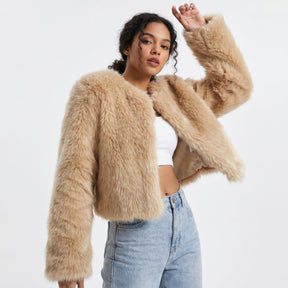 Women's Cropped Faux Fur Cardigan Jacket | Lena in White - Juana Fashion