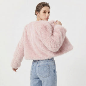 Women's Cropped Faux Fur Cardigan Jacket | Lena in White - Juana Fashion