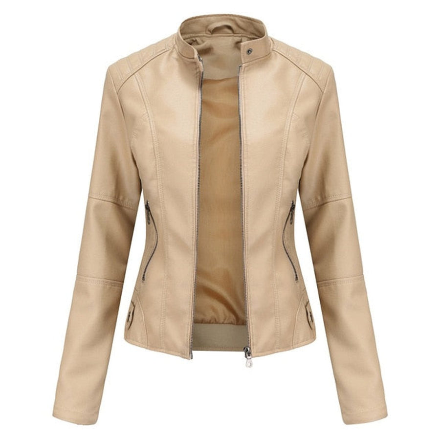 Women's Cropped Tailored Faux Leather Biker Jacket | Katharina in Beige - Juana Fashion