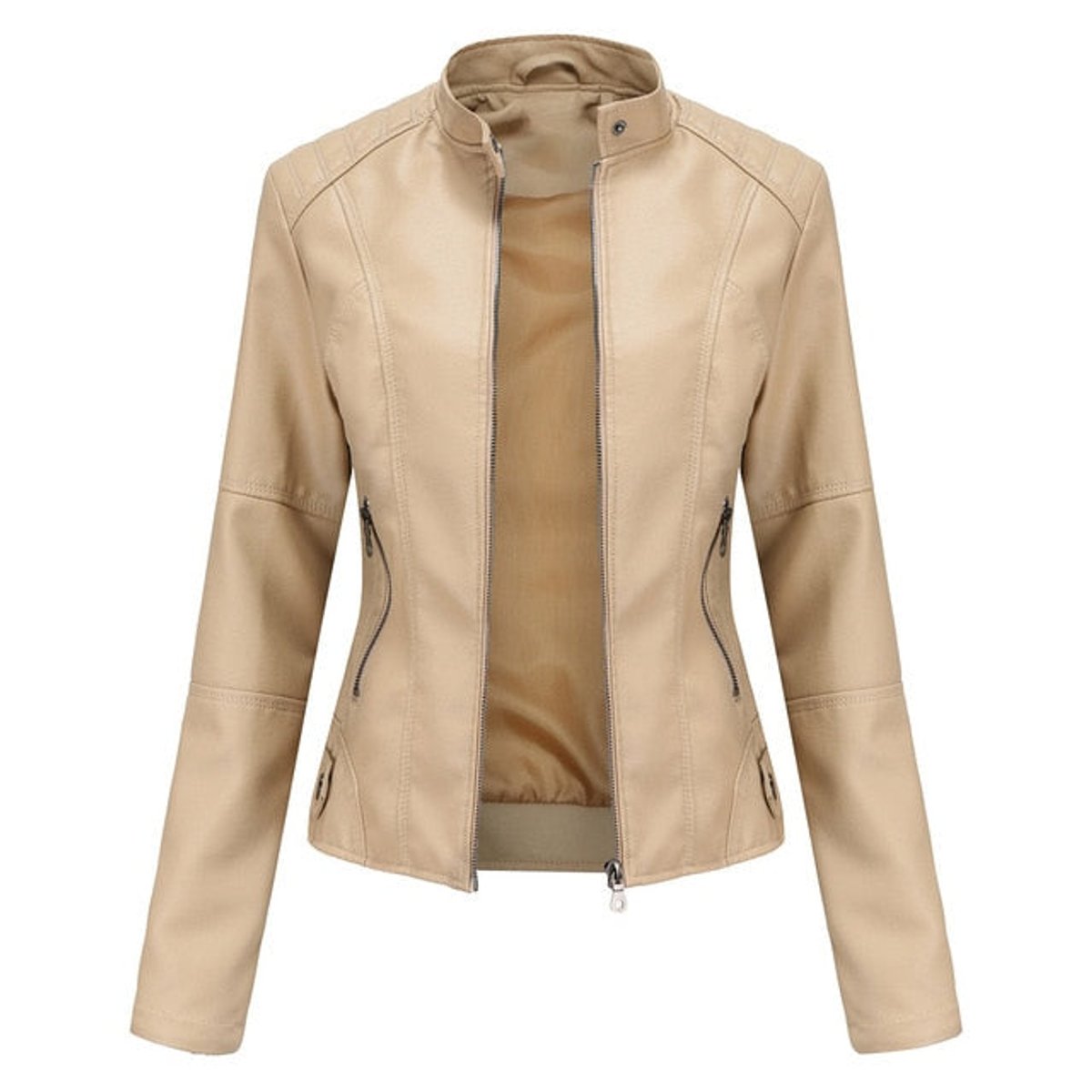 Women's Cropped Tailored Faux Leather Biker Jacket | Katharina in Beige - Juana Fashion