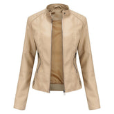 Women's Cropped Tailored Faux Leather Biker Jacket | Katharina in Beige - Juana Fashion