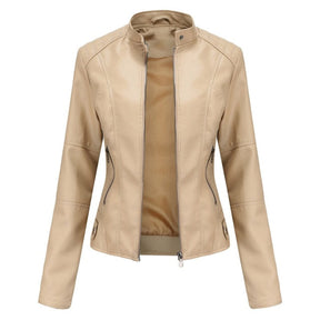 Women's Cropped Tailored Faux Leather Biker Jacket | Katharina in Beige - Juana Fashion