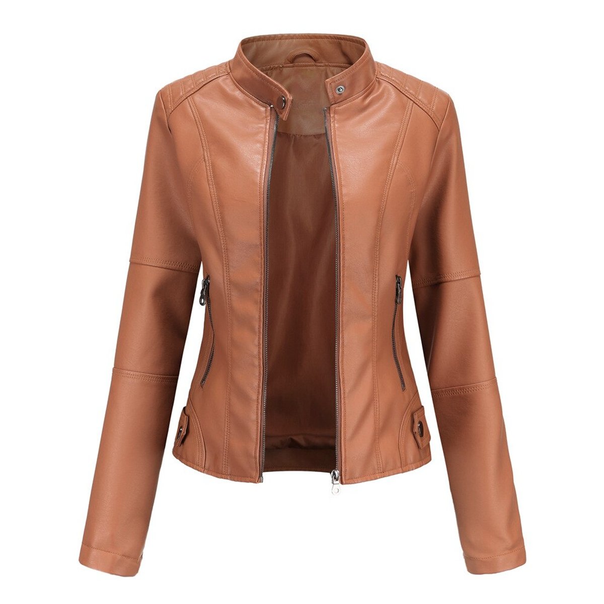 Women's Cropped Tailored Faux Leather Biker Jacket | Katharina in Beige - Juana Fashion
