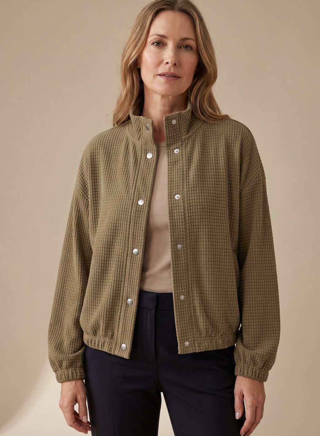 Women's Cropped Waffle-Texture Snap-Front Jacket | Leonie in Brown - Juana Fashion