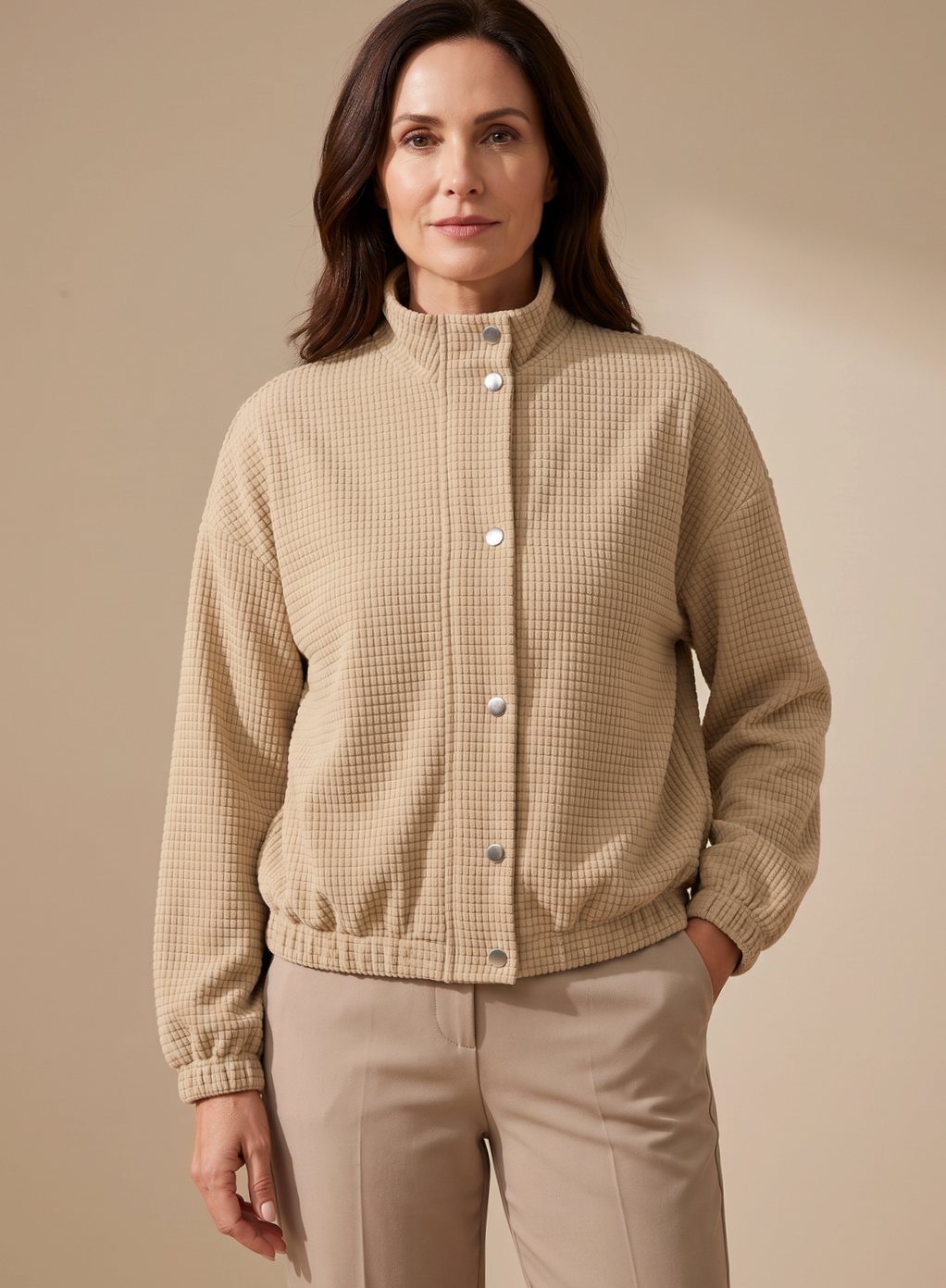 Women's Cropped Waffle-Texture Snap-Front Jacket | Leonie in Apricot - Juana Fashion