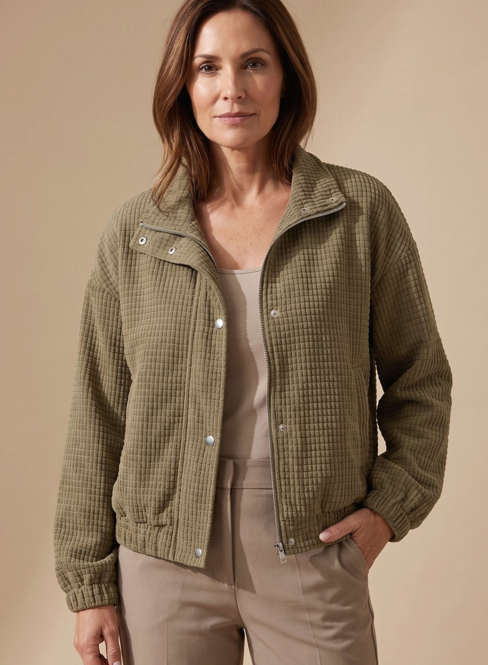 Women's Cropped Waffle-Texture Snap-Front Jacket | Leonie in Apricot - Juana Fashion