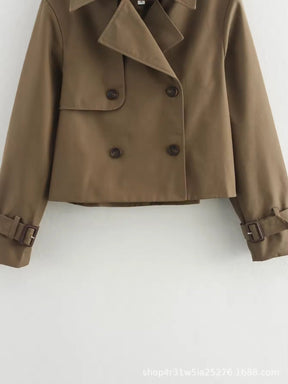 Women's Short Double-Breasted Trench Coat with Buckled Cuffs | Charlotte in Brown - Juana Fashion