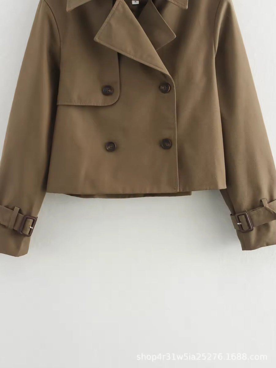 Women's Short Double-Breasted Trench Coat with Buckled Cuffs | Charlotte in Brown - Juana Fashion