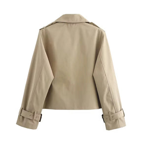 Women's Short Double-Breasted Trench Coat with Buckled Cuffs | Charlotte in Brown - Juana Fashion