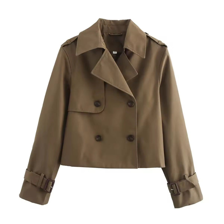 Women's Short Double-Breasted Trench Coat with Buckled Cuffs | Charlotte in Brown - Juana Fashion