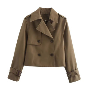 Women's Short Double-Breasted Trench Coat with Buckled Cuffs | Charlotte in Brown - Juana Fashion