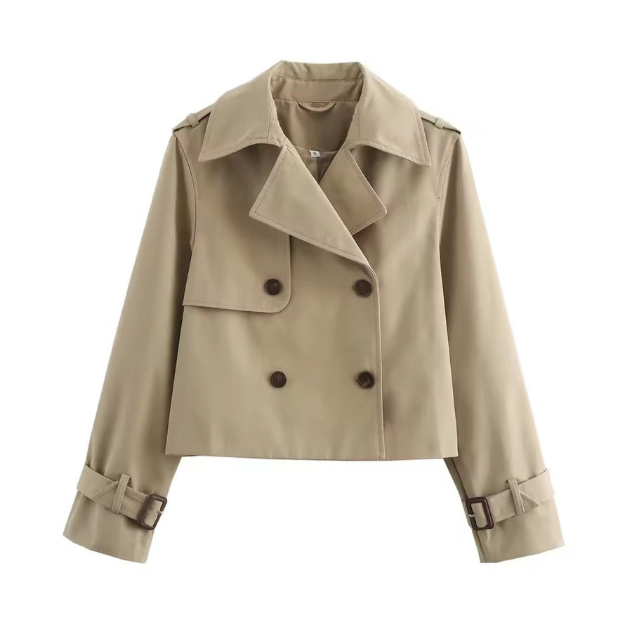 Women's Short Double-Breasted Trench Coat with Buckled Cuffs | Charlotte in Beige - Juana Fashion