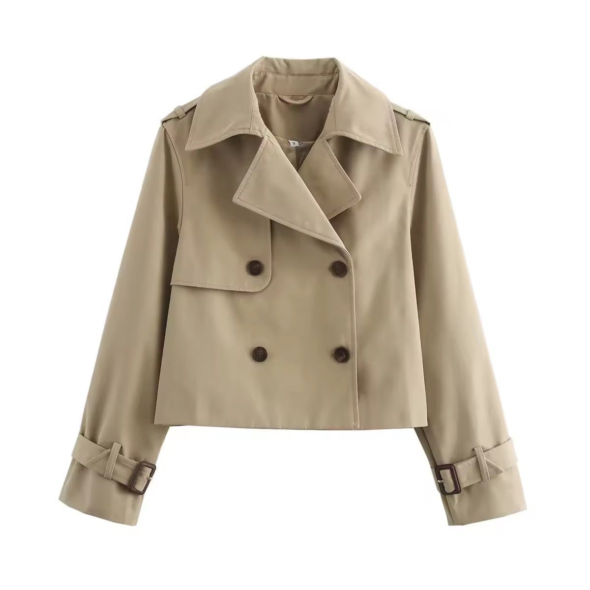 Women's Short Double-Breasted Trench Coat with Buckled Cuffs | Charlotte in Beige - Juana Fashion