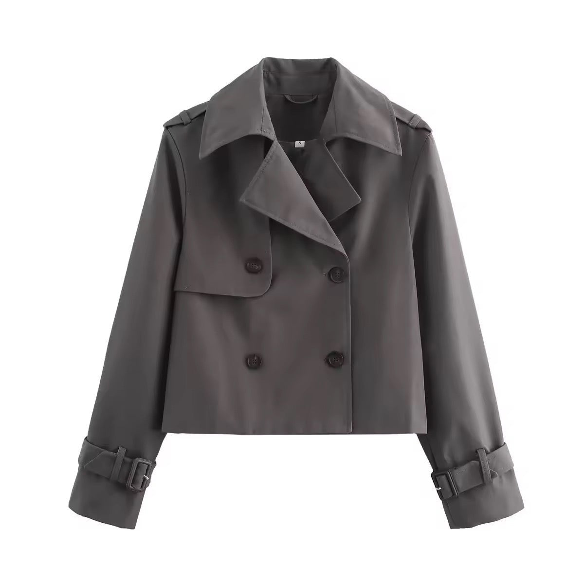 Women's Short Double-Breasted Trench Coat with Buckled Cuffs | Charlotte in Gray - Juana Fashion