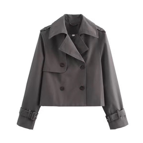 Women's Short Double-Breasted Trench Coat with Buckled Cuffs | Charlotte in Gray - Juana Fashion
