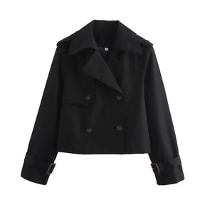 Women's Short Double-Breasted Trench Coat with Buckled Cuffs | Charlotte in Black - Juana Fashion