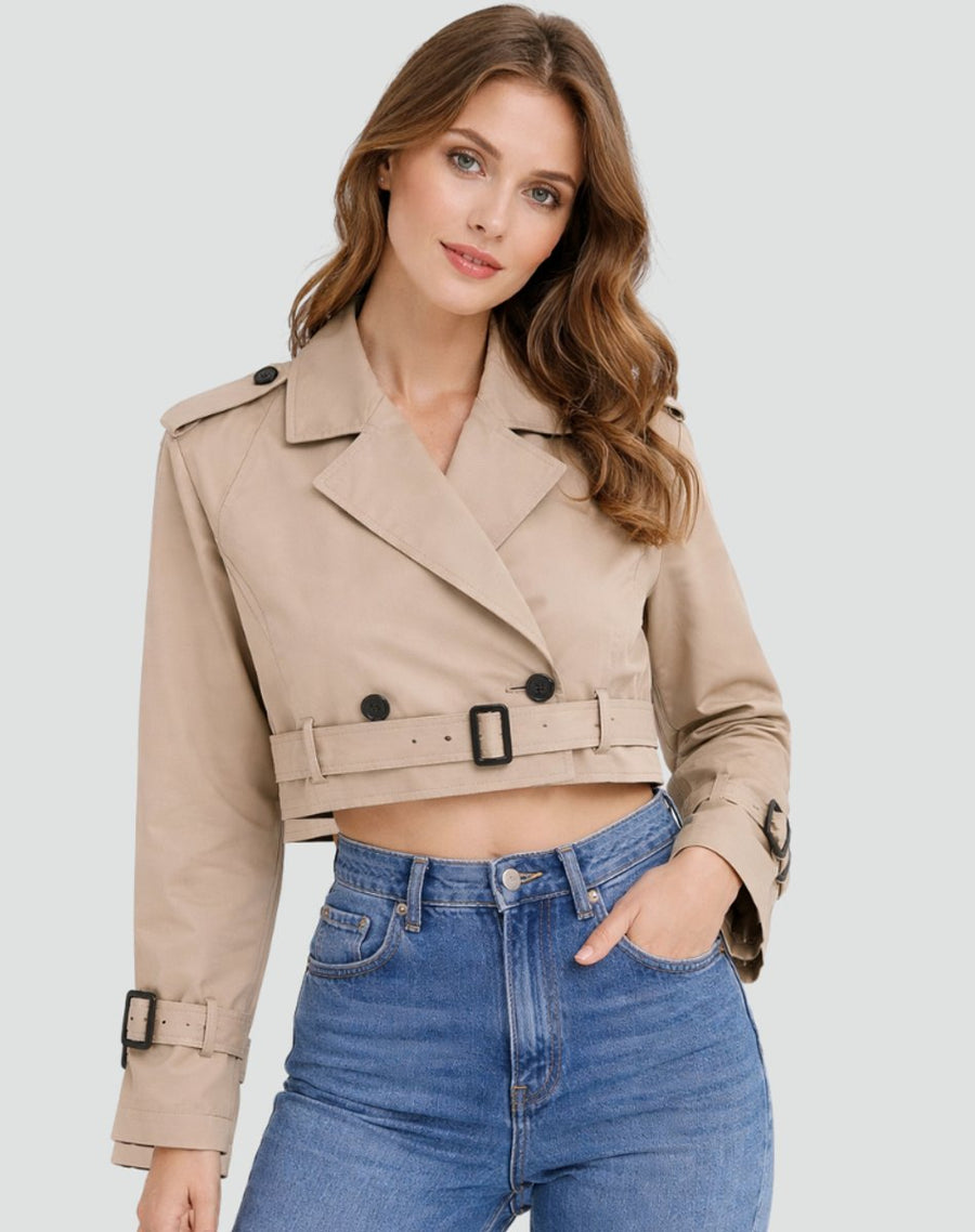 Women's Short Belted Double-Breasted Trench Coat | Amelie in Khaki - Juana Fashion