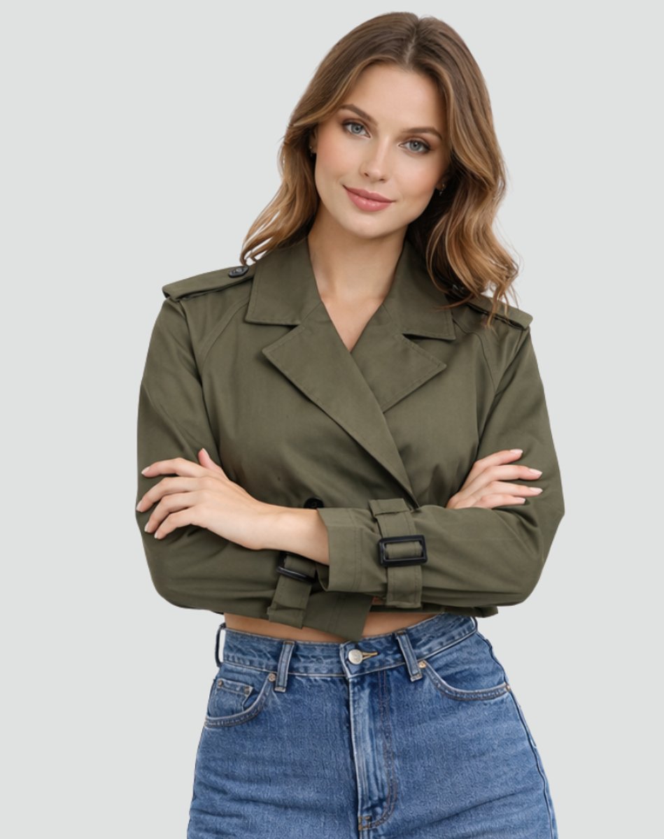 Women's Short Belted Double-Breasted Trench Coat | Amelie in Khaki - Juana Fashion