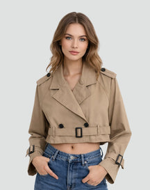 Women's Short Belted Double-Breasted Trench Coat | Amelie in Khaki - Juana Fashion