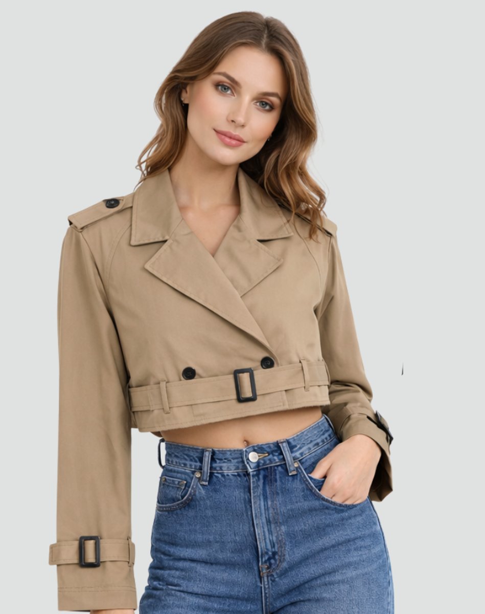 Women's Short Belted Double-Breasted Trench Coat | Amelie in Army Green - Juana Fashion