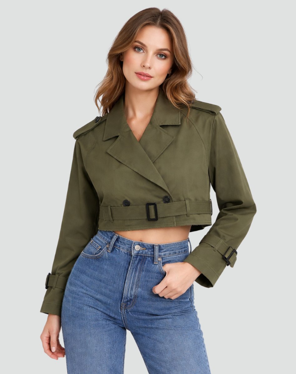 Women's Short Belted Double-Breasted Trench Coat | Amelie in Army Green - Juana Fashion