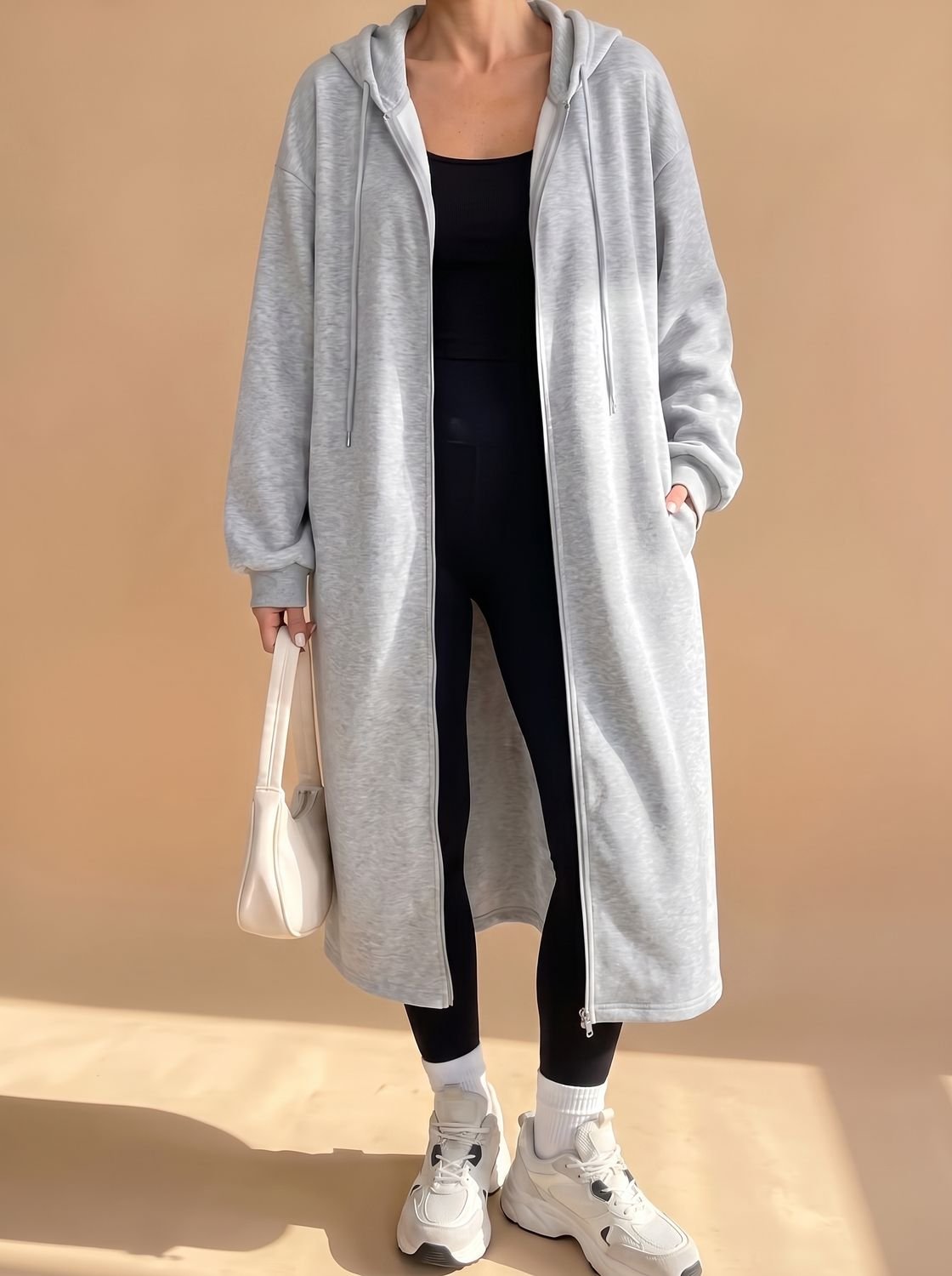 Women's Long Hooded Zip-Up Jacket | Frieda in Black - Juana Fashion