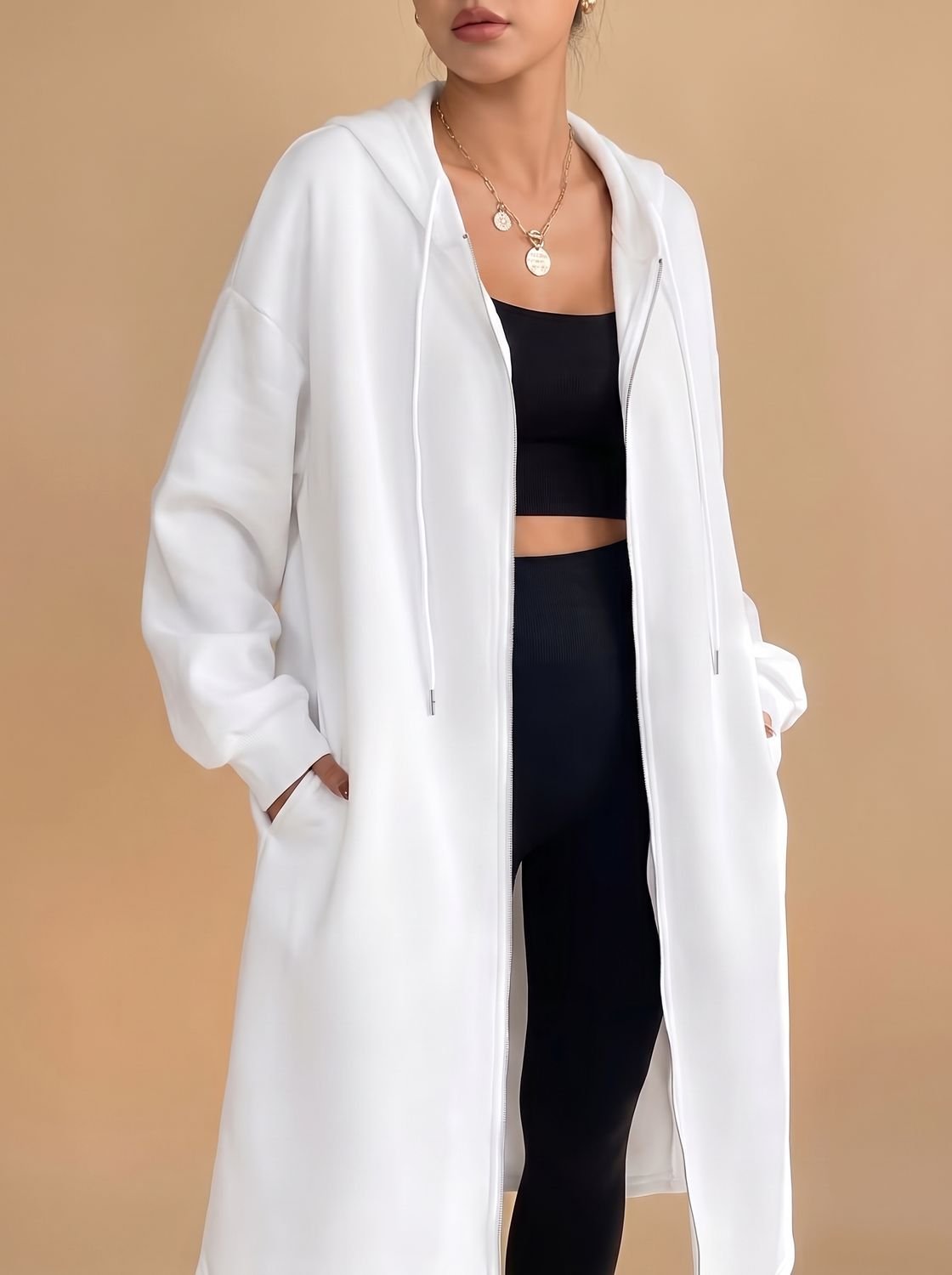 Women's Long Hooded Zip-Up Jacket | Frieda in White - Juana Fashion
