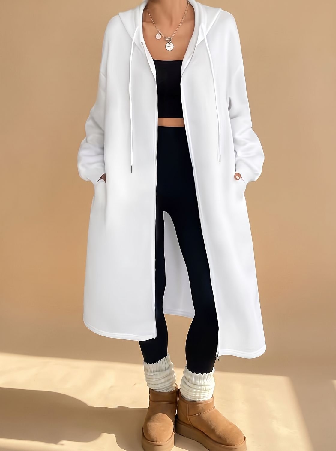 Women's Long Hooded Zip-Up Jacket | Frieda in White - Juana Fashion