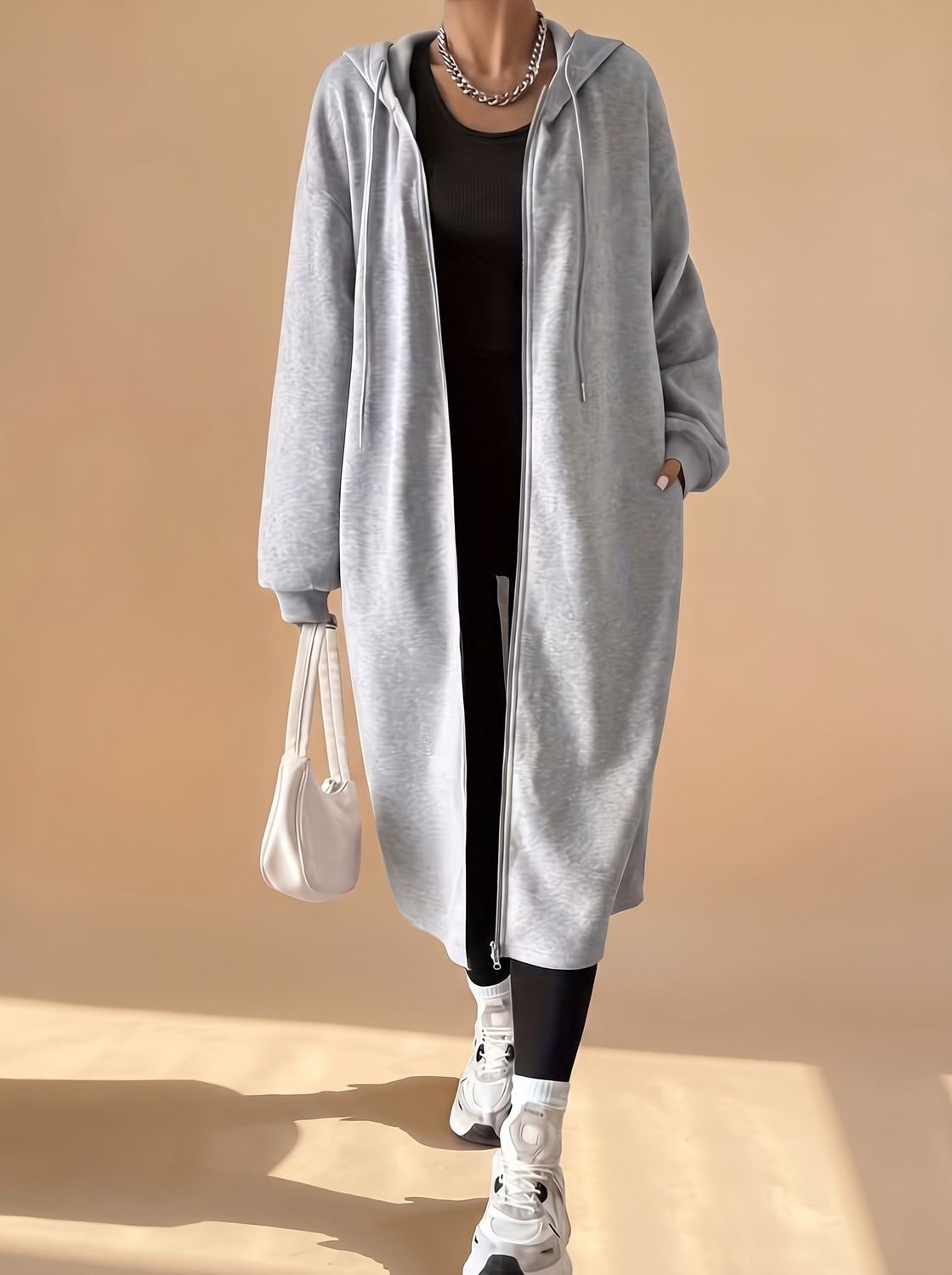 Women's Long Hooded Zip-Up Jacket | Frieda in White - Juana Fashion